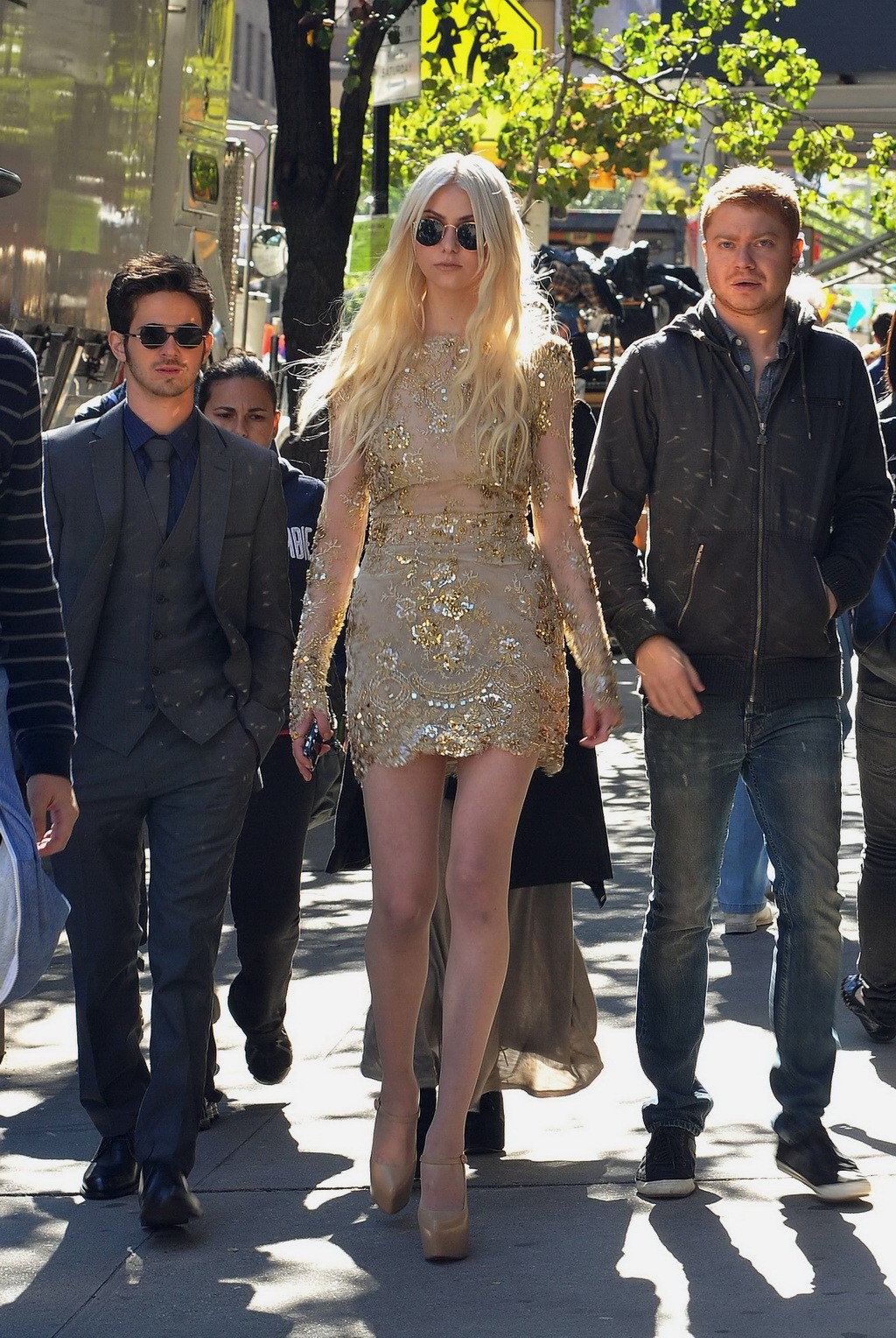 Taylor Momsen leggy wearing a golden see-through mini dress on the set of Gossip #75250261