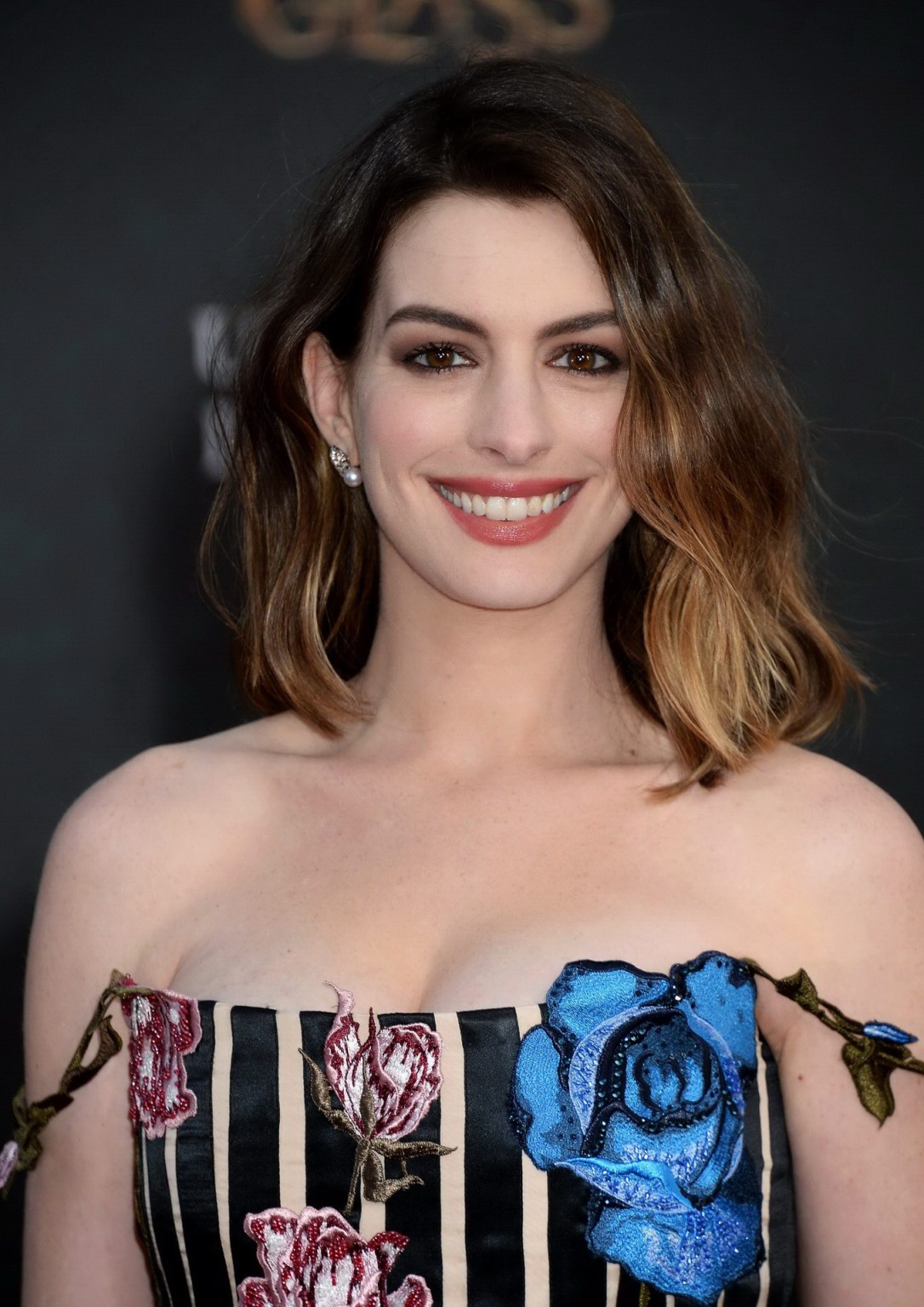 Anne Hathaway busty in short floral off shoulder dress