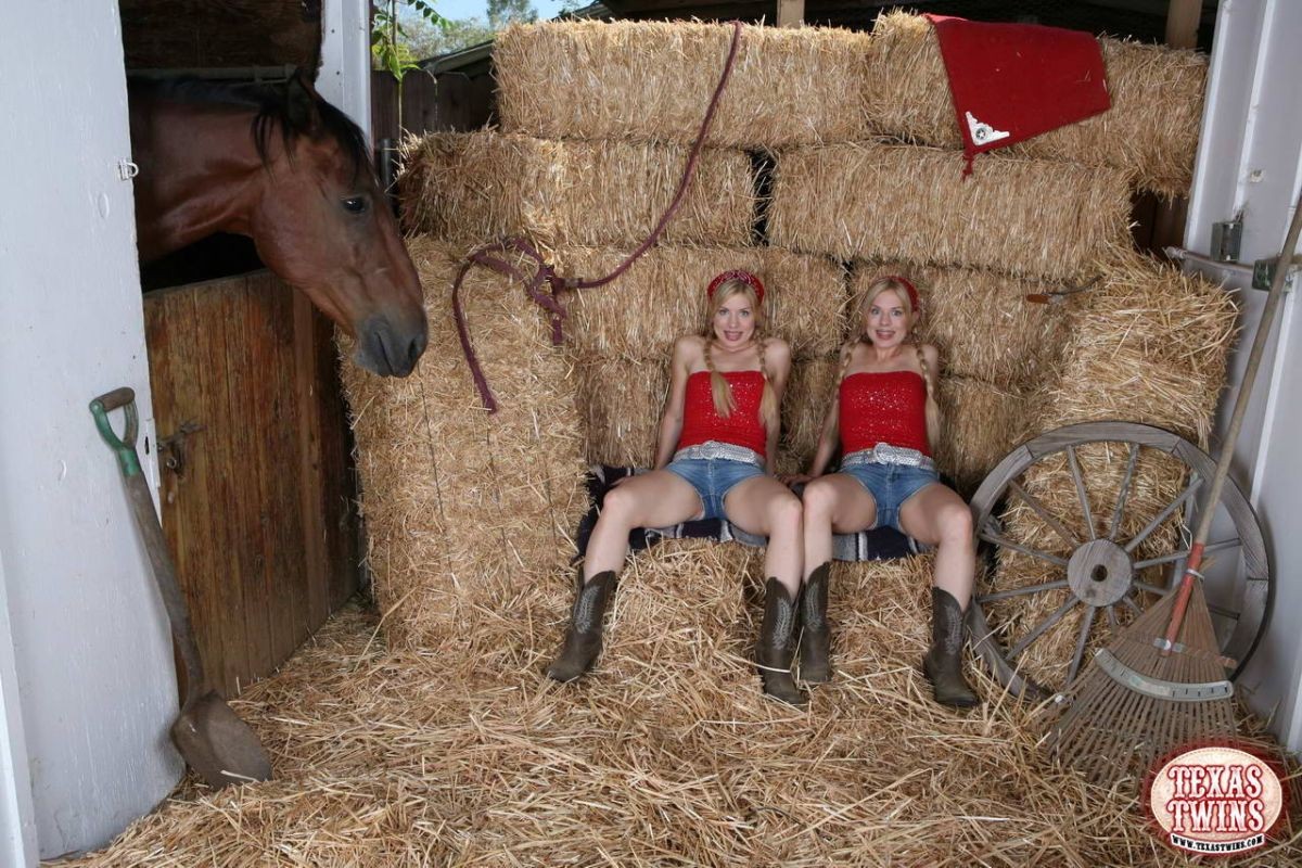 Belle gemelle giovani con piccole tette che fanno striptease caldo in una fattoria
 #68484196