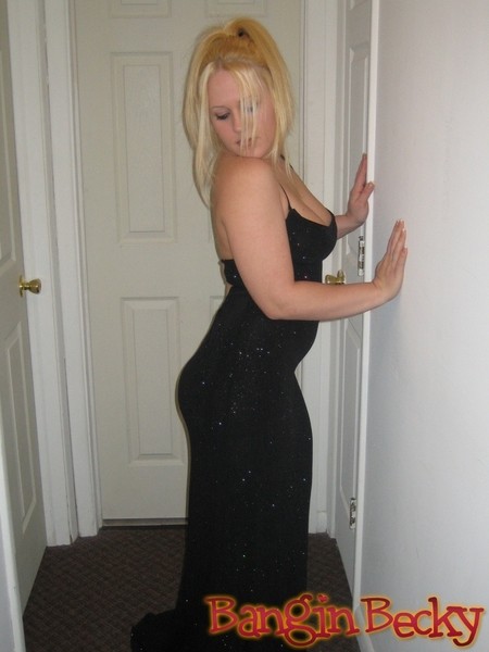 blonde young Becky takes off black slinky dress #70575082