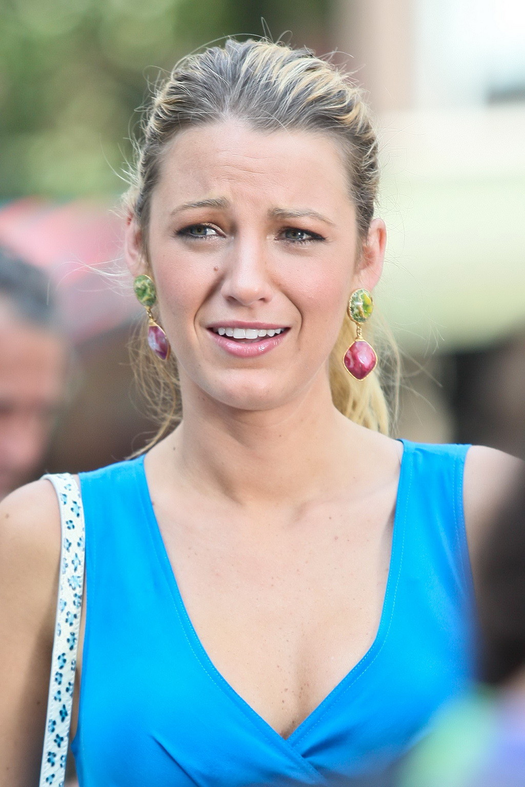 Blake Lively showing big cleavage wearing blue maxi dress at the set of Gossip G #75256915