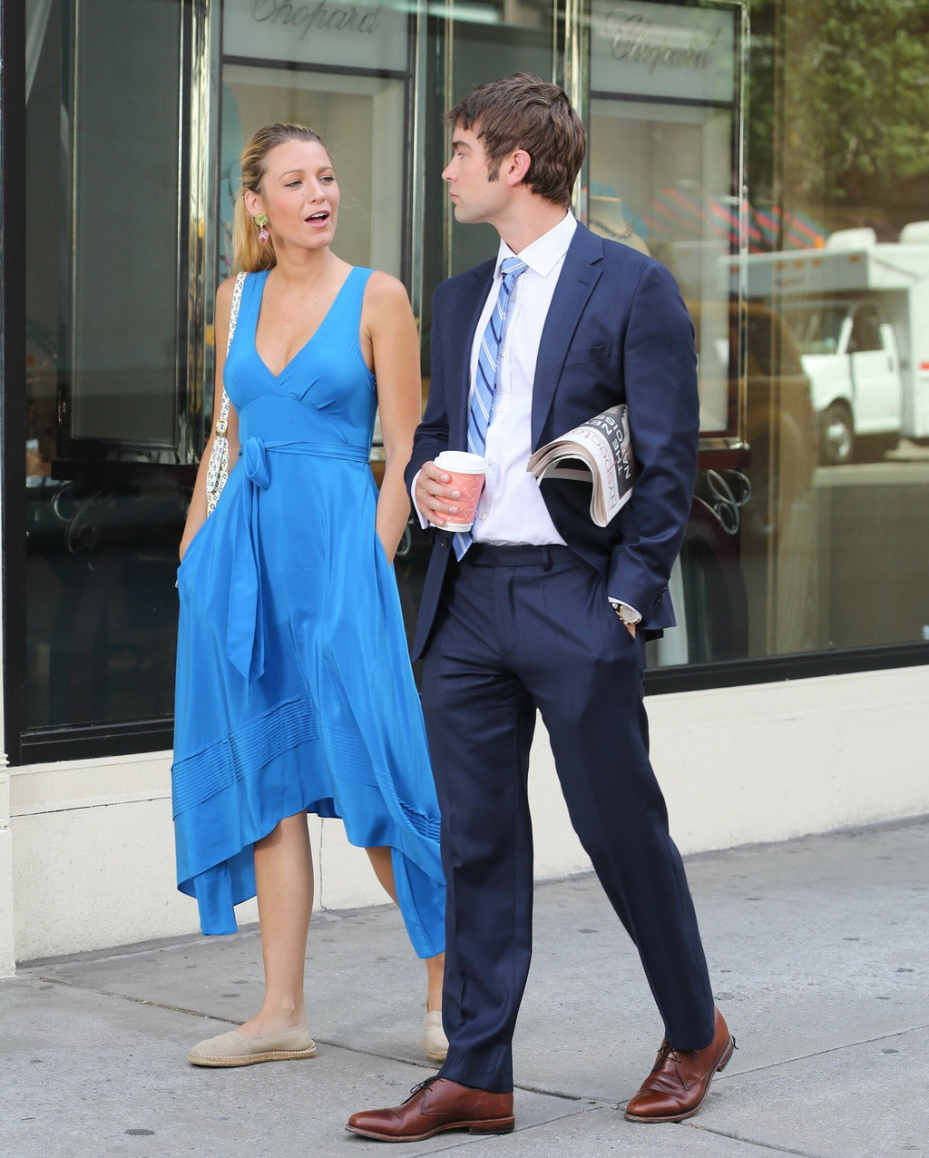 Blake Lively showing big cleavage wearing blue maxi dress at the set of Gossip G #75256958