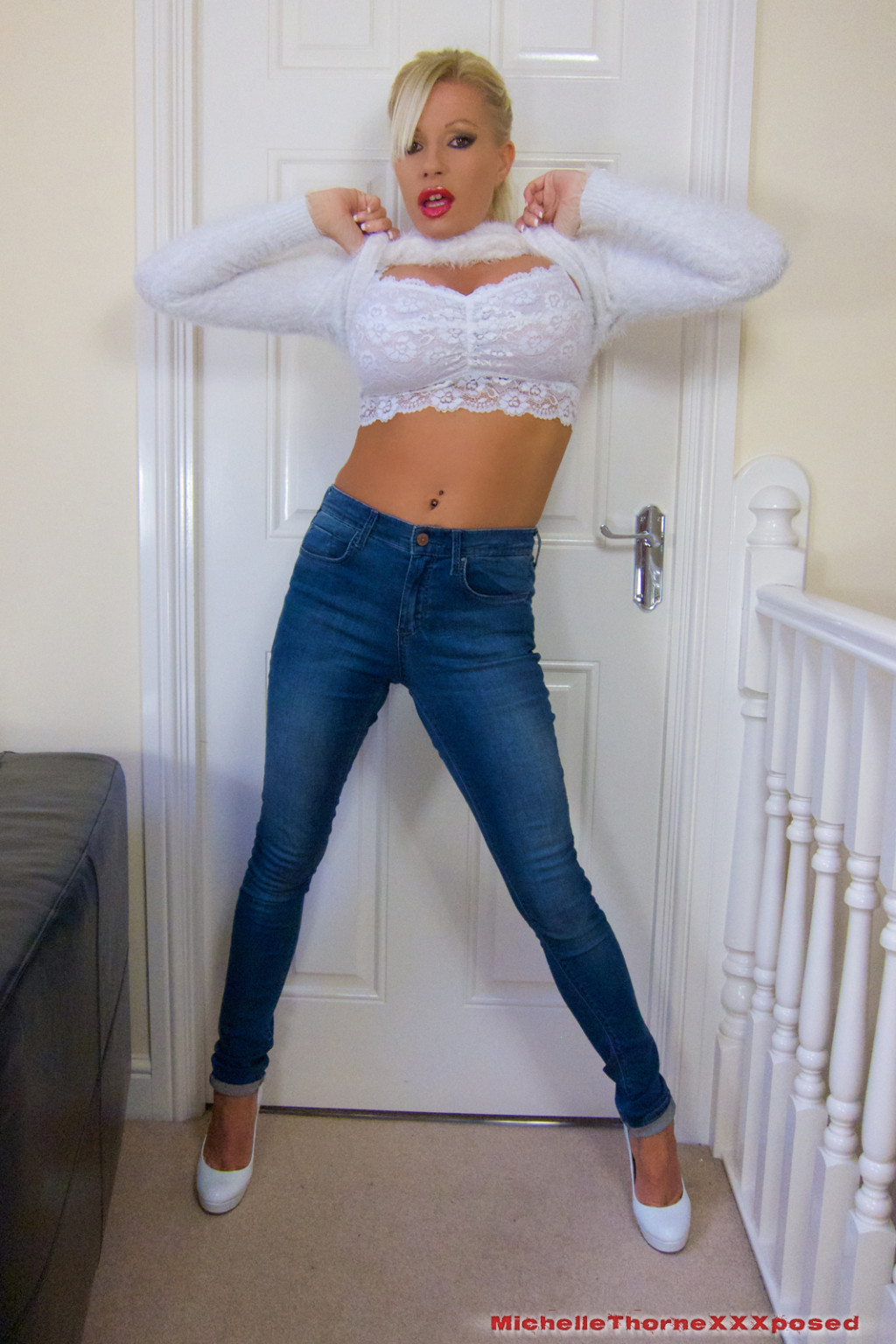 Wearing a sexy combo of tight denim jeans and cute white jumper hot horny blonde #72989485