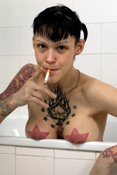 Cute brunette tattoed teen posing in the bath #73231697