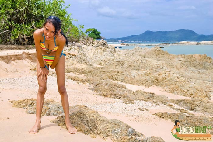 Asian Ladyboy Mint lets her cock hang out at the beach #79273804
