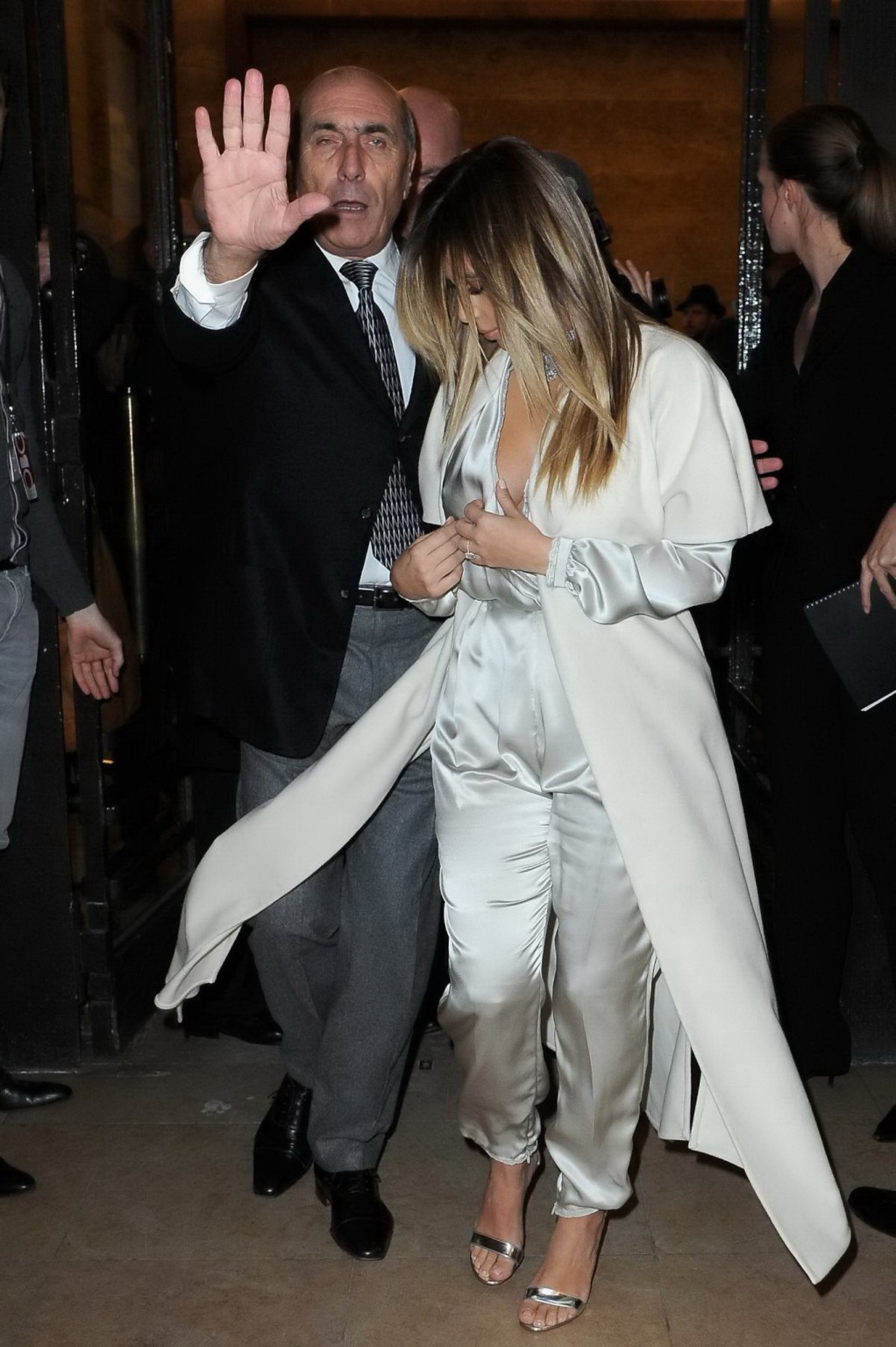 Kim Kardashian cleavy wearing low cut white satin gown at Stephane Rolland's fas #75206790