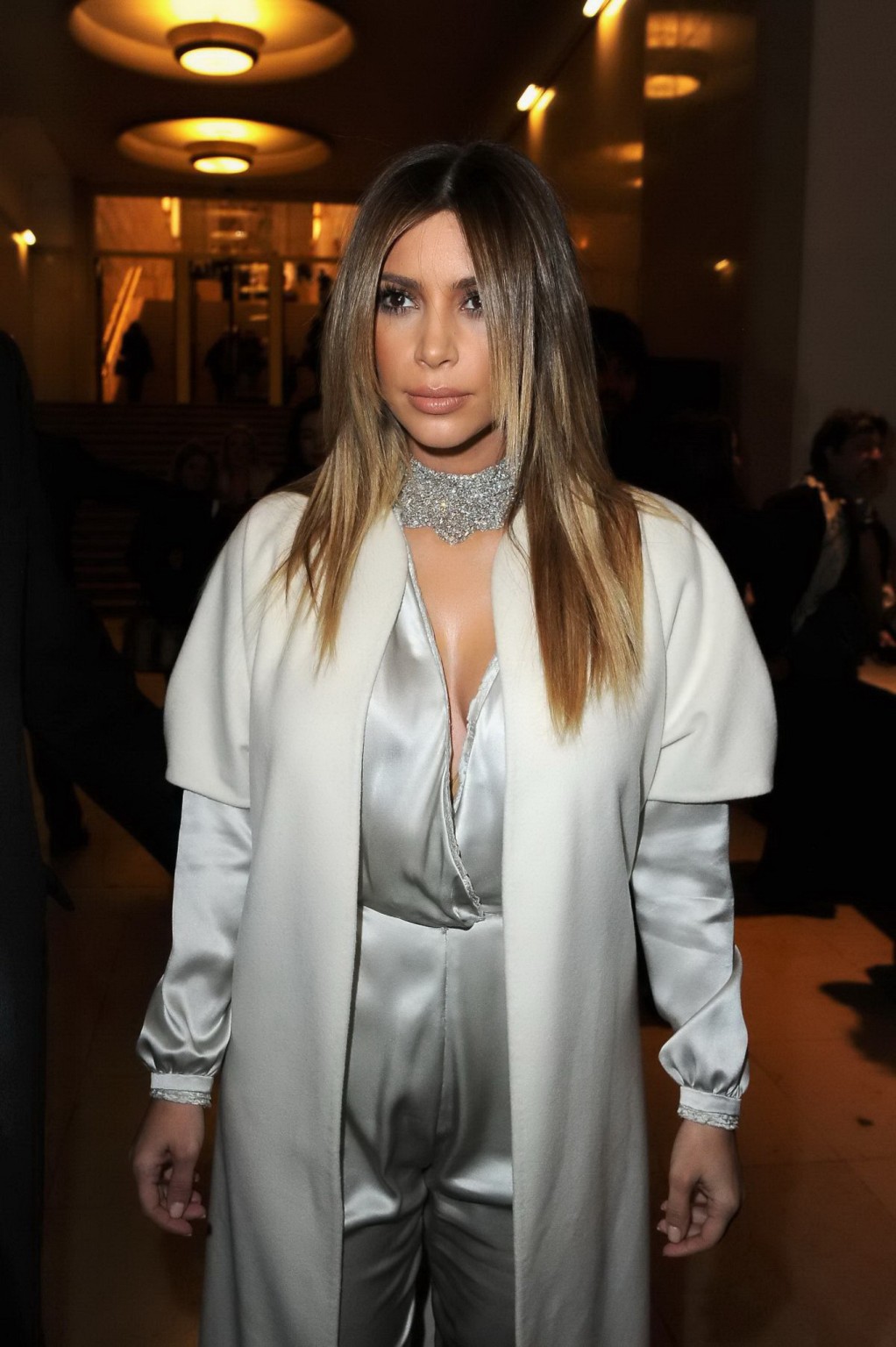 Kim Kardashian cleavy wearing low cut white satin gown at Stephane Rolland's fas #75206805
