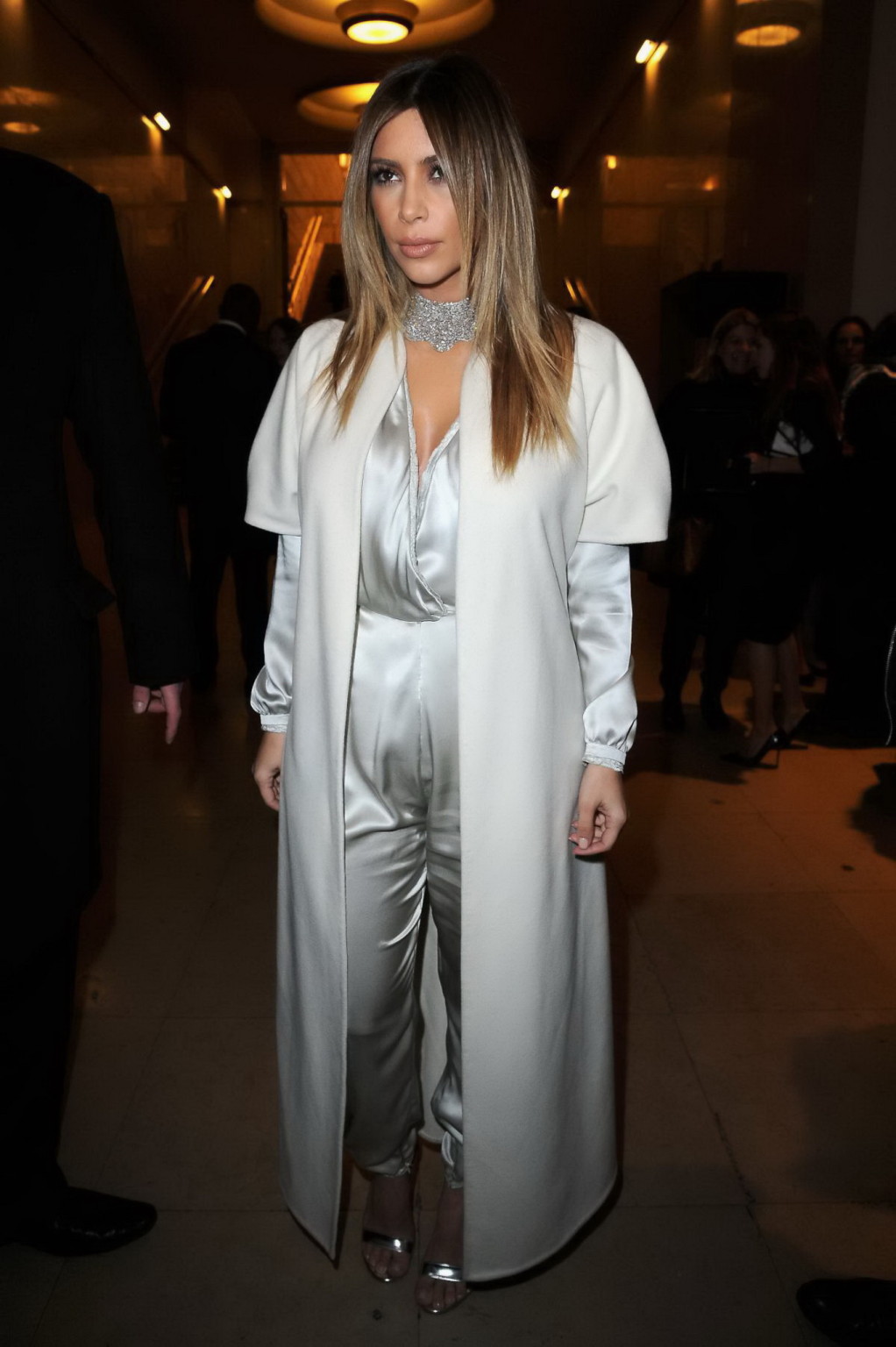 Kim Kardashian cleavy wearing low cut white satin gown at Stephane Rolland's fas #75206809