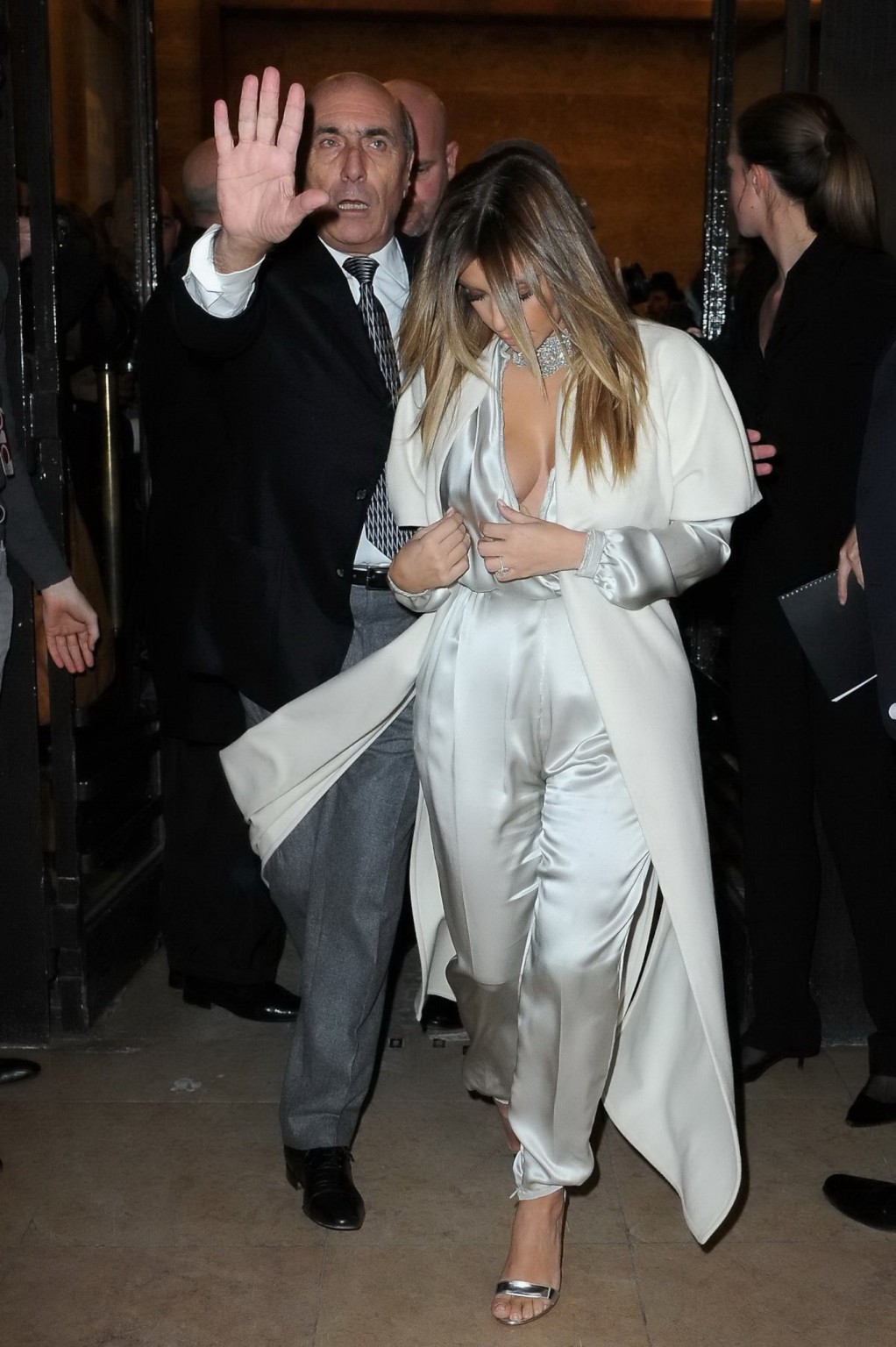 Kim Kardashian cleavy wearing low cut white satin gown at Stephane Rolland's fas #75206814