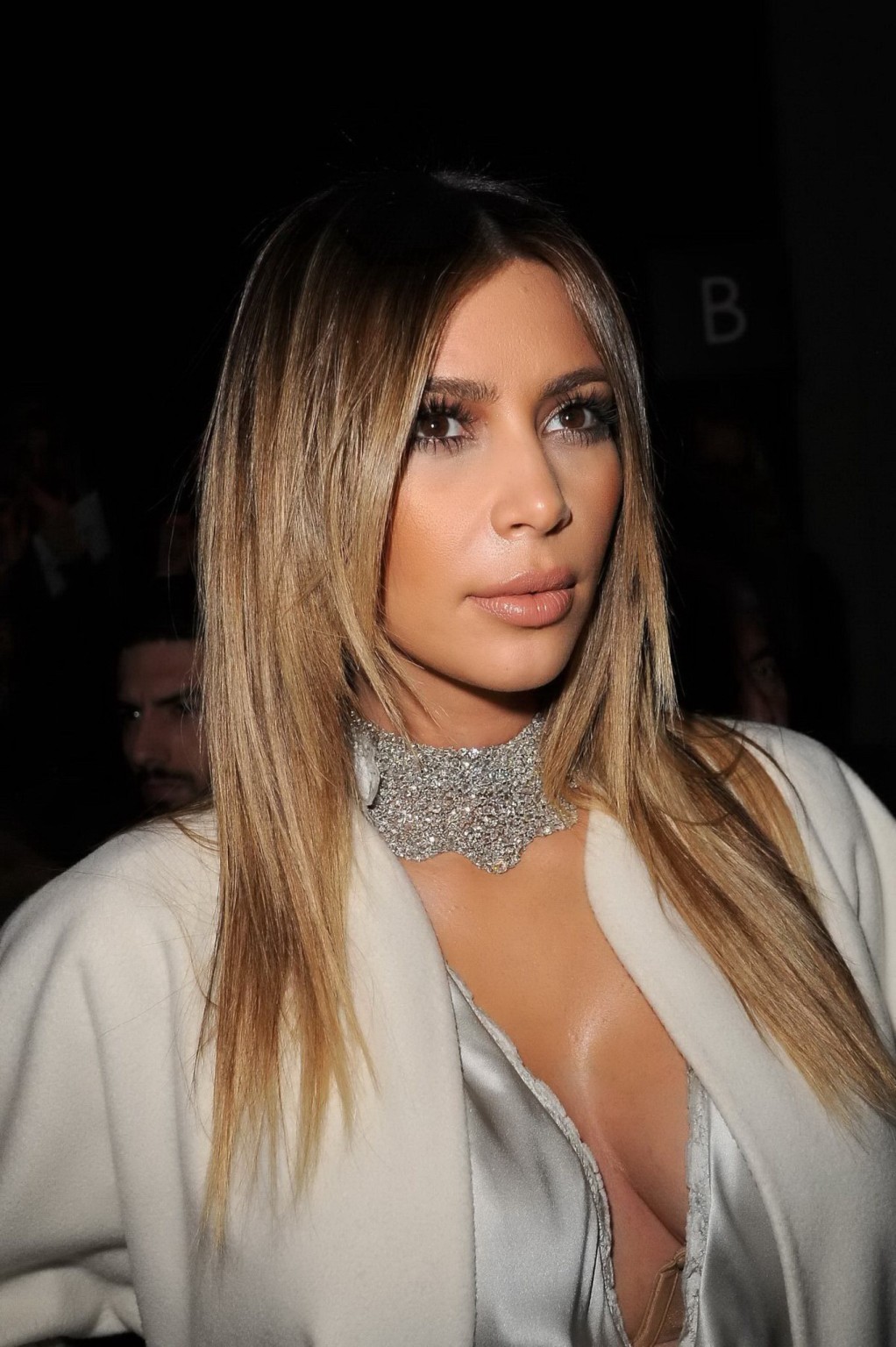 Kim Kardashian cleavy wearing low cut white satin gown at Stephane Rolland's fas #75206836