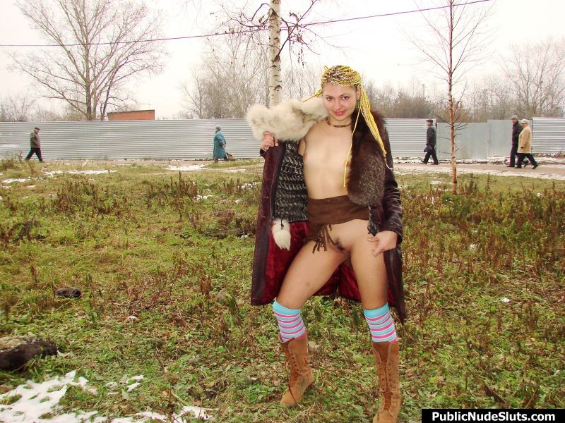 Insolent girl dares to show her nude tits and puss in the cold street #76741782