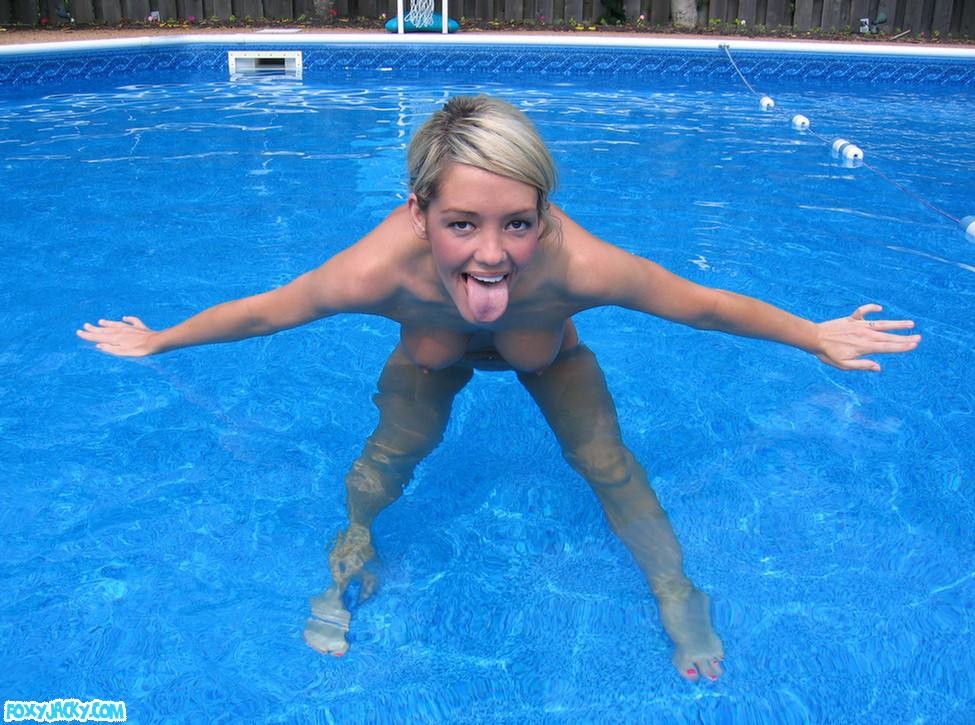 Cute and busty amateur Foxy Jacky goes skinny dipping in pool #73825929