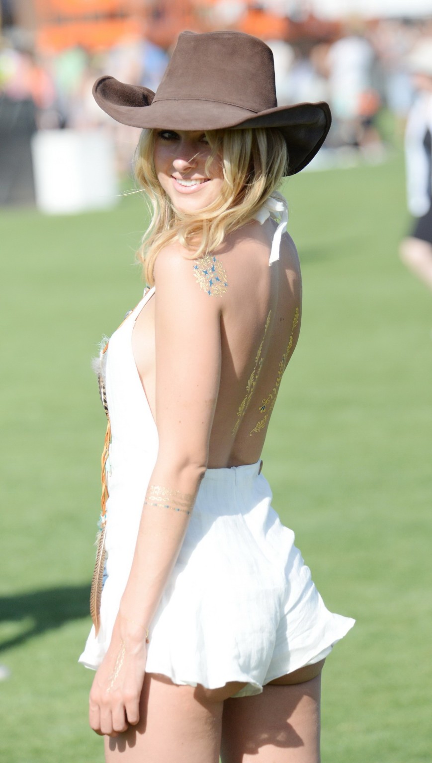 Kimberley Garner panty peek and sideboob action in white mini dress at Coachella #75167518