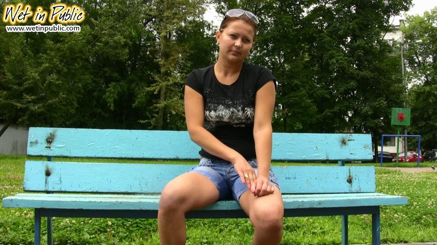 Curvy bitchie in the jean shorts pissed herself confusedly on a bench #73241102