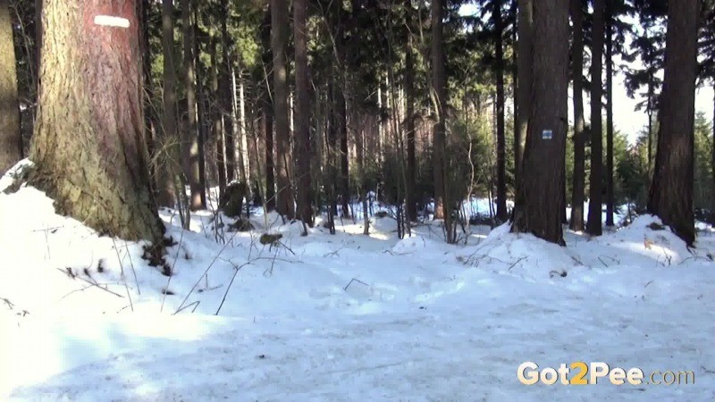 Dark haired babe pisses in the snow outside #67476918
