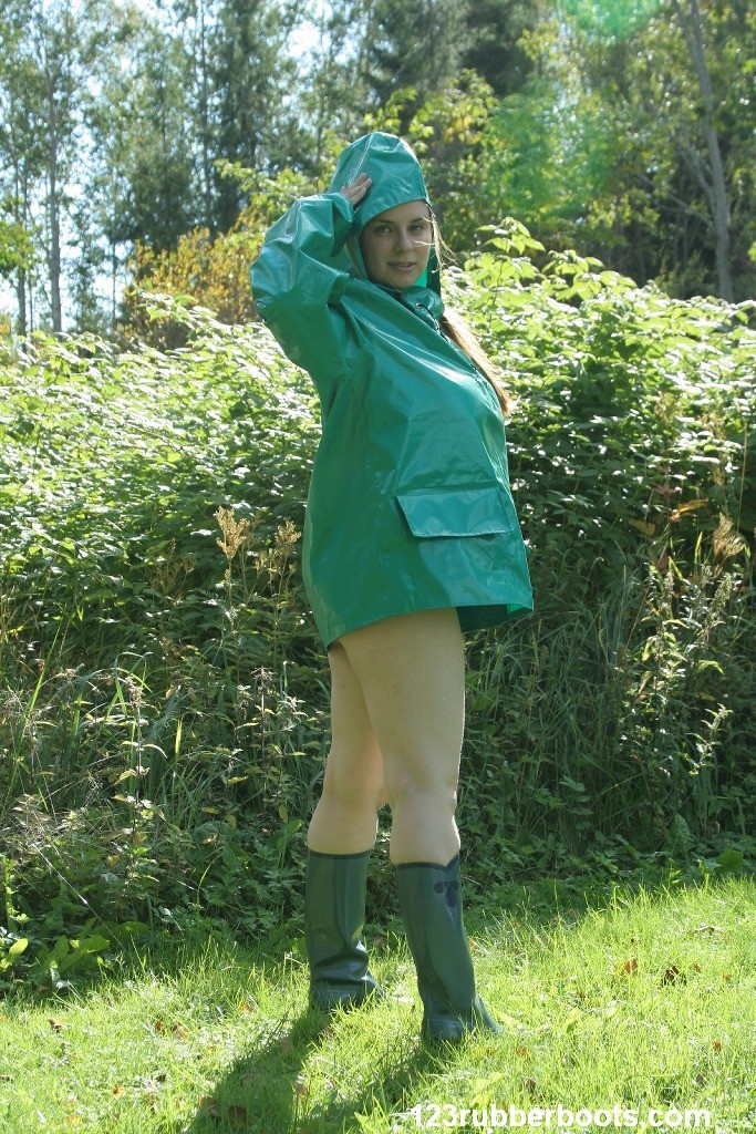 Rainwear and rubber boots fetish with wet pussy outdoors #73248132