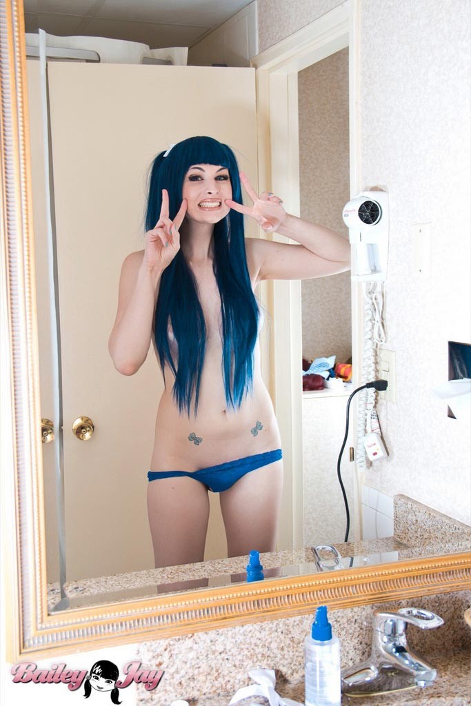 Amazing blue haired TS Bailey Jay posing by a mirror #79198779