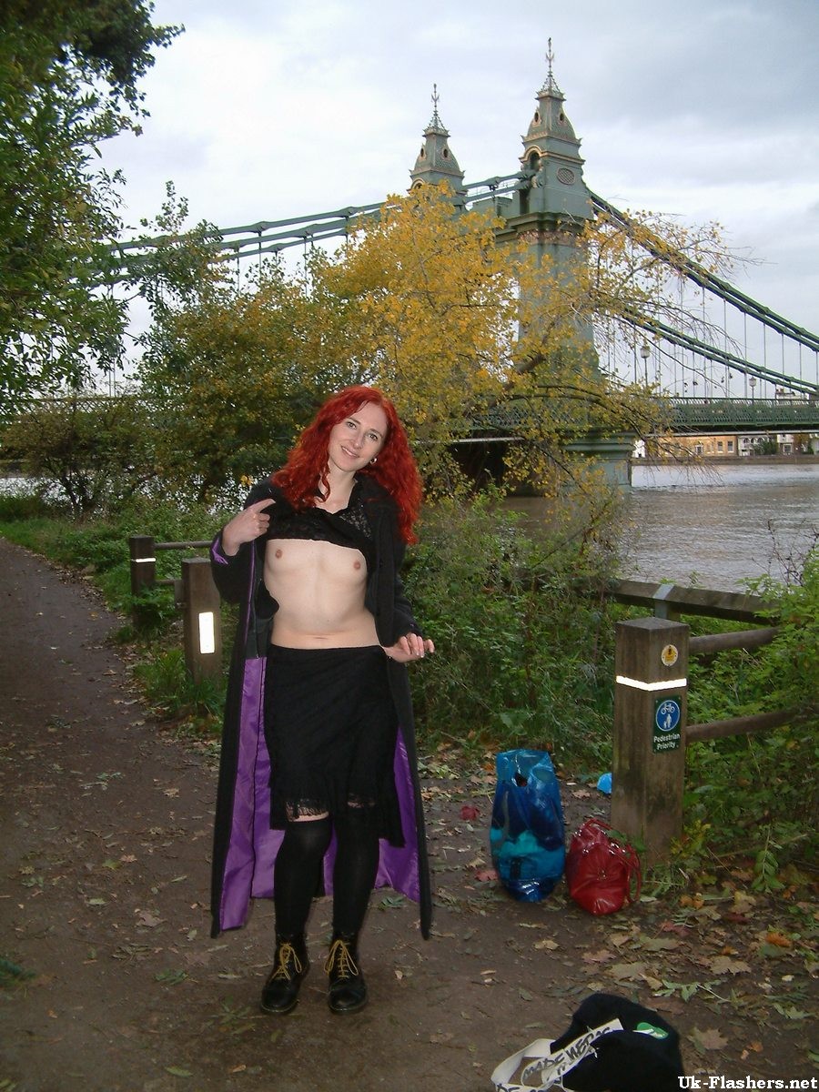 Redhead amateur exhibitionist flashing small tits and unshaved pussy outdoors wi #67369955