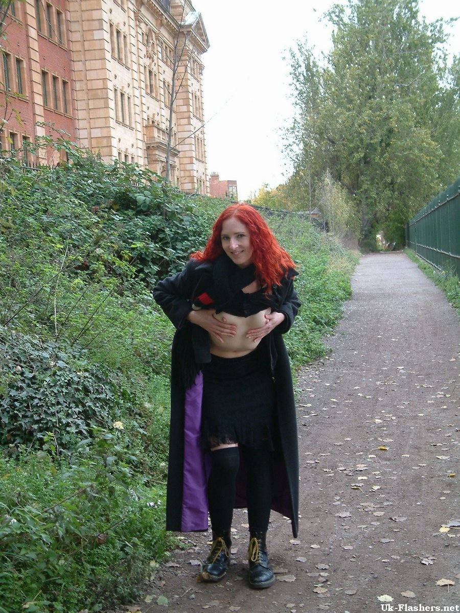 Redhead amateur exhibitionist flashing small tits and unshaved pussy outdoors wi #67370039