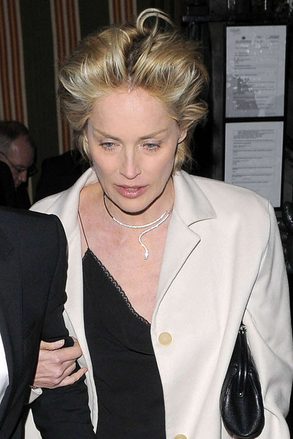 Sharon stone mostrando sus sexys y calientes piernas con falda negra
 #75369613