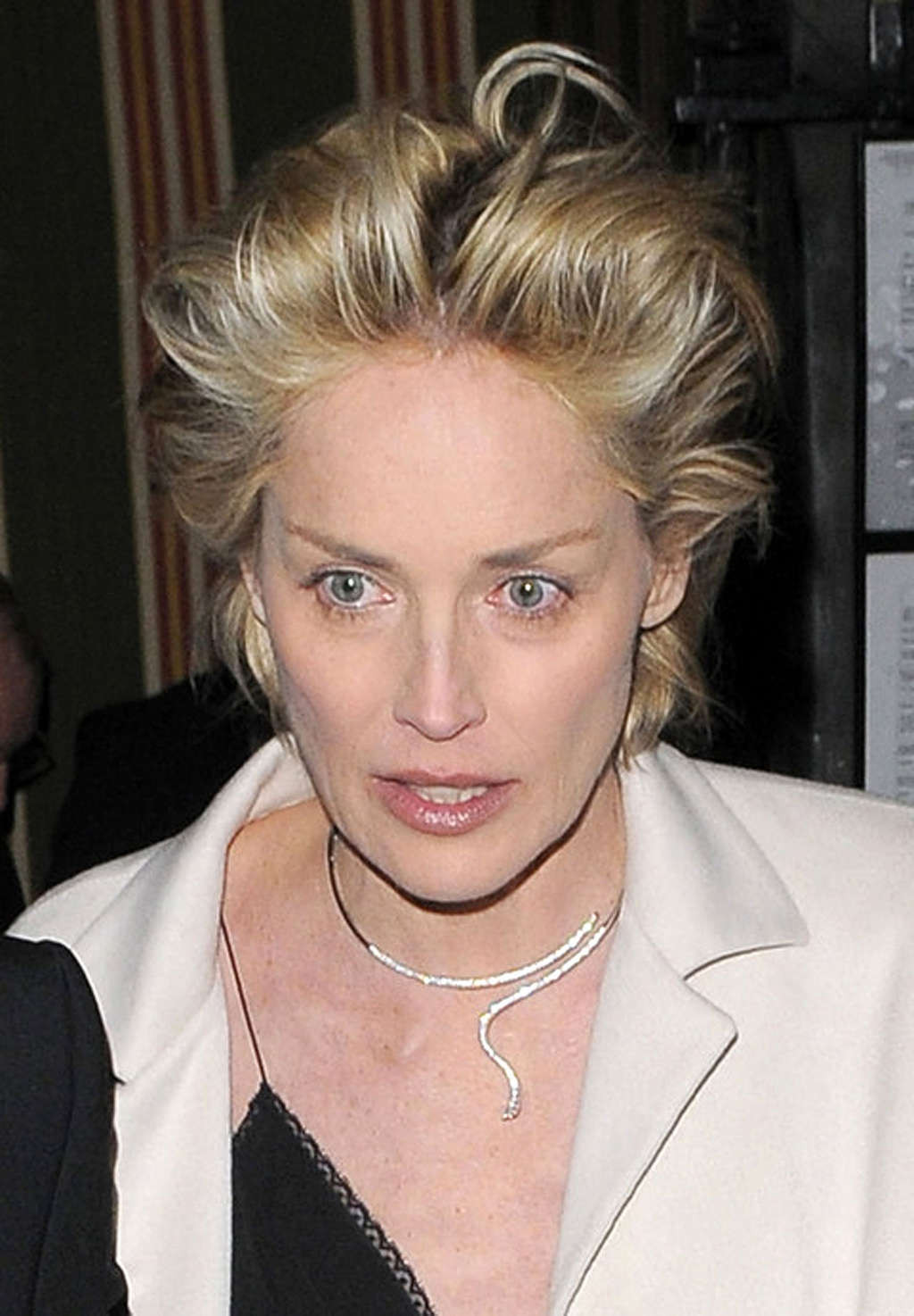 Sharon stone mostrando sus sexys y calientes piernas con falda negra
 #75369639