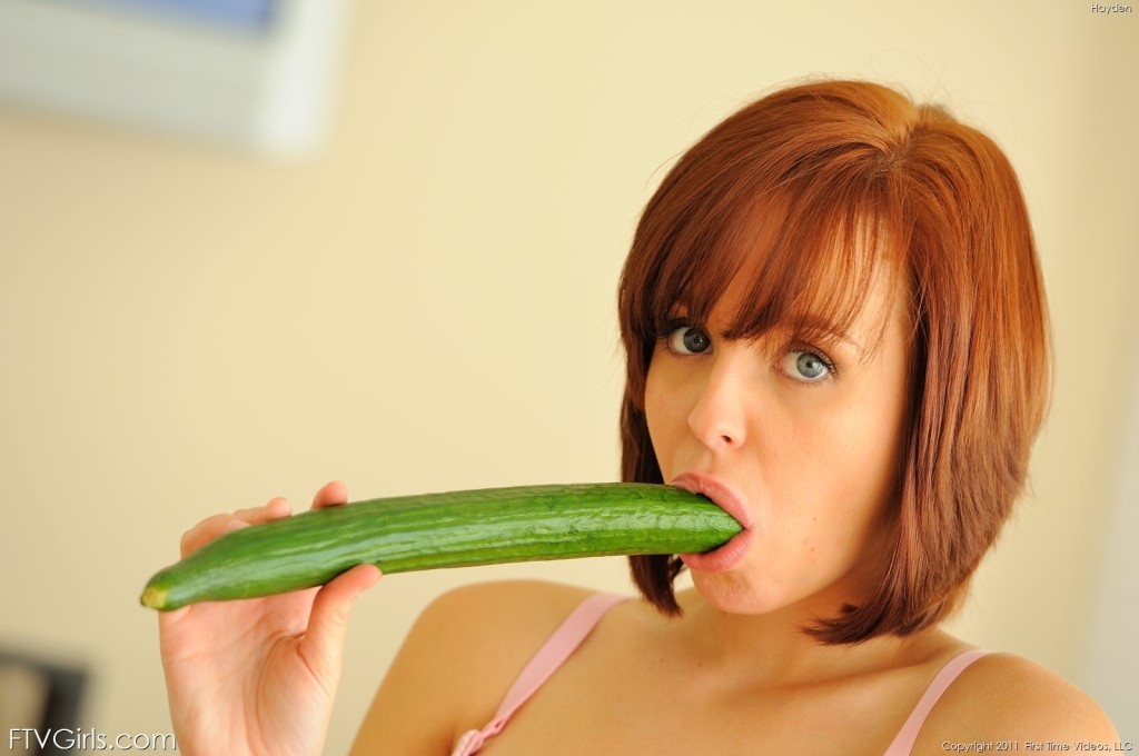 Nasty redhead rubbing her tits and toying pink with cucumber #78387750