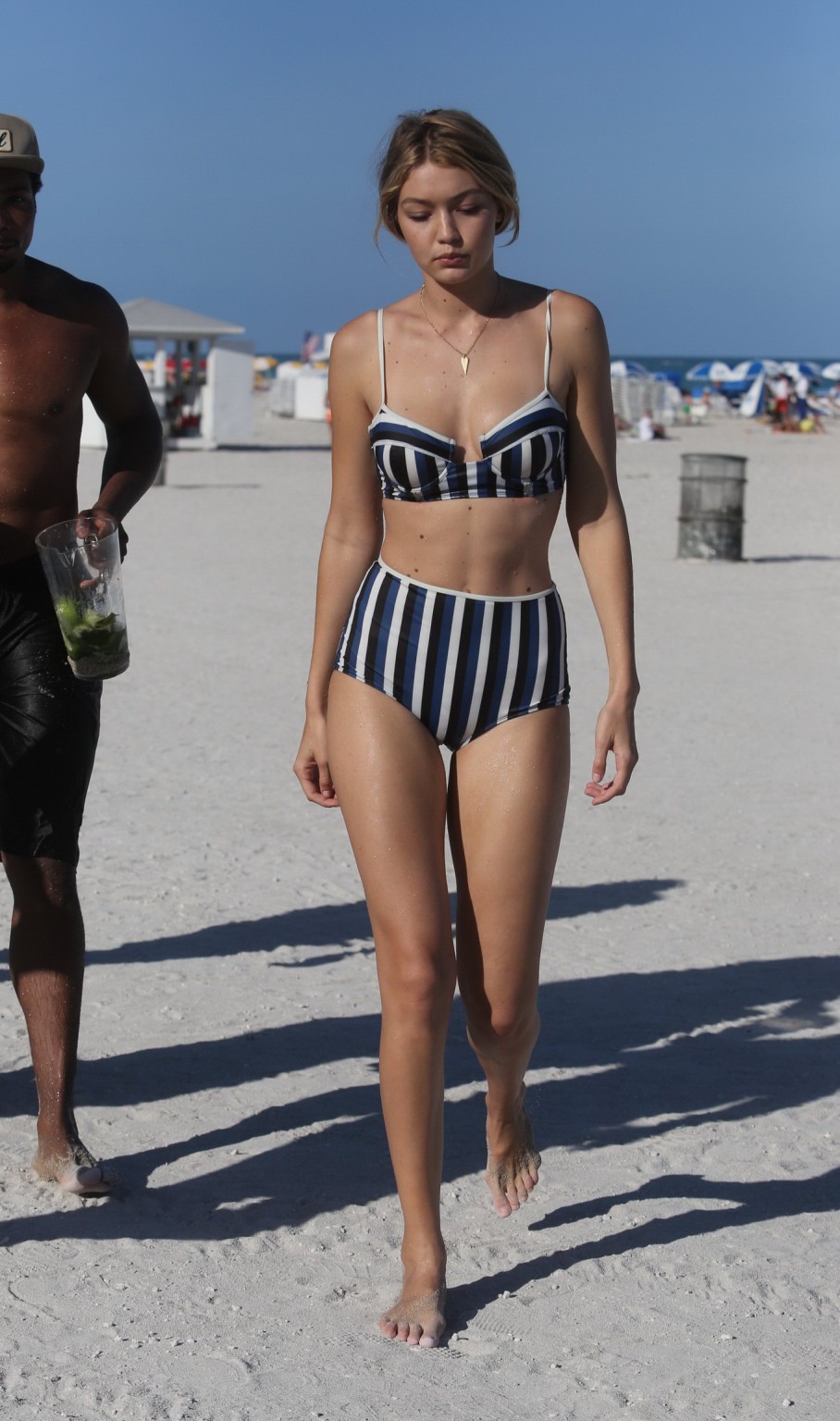 Gigi Hadid showing off her hot body in a striped retro bikini at Miami Beach #75170003