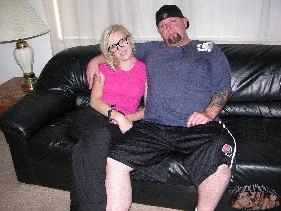 Hot amateur nerd girl jerks off dude on couch