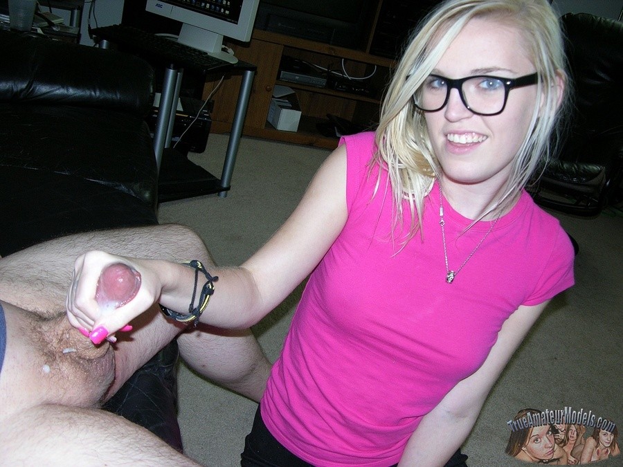 Hot amateur nerd girl jerks off dude on couch #67609528
