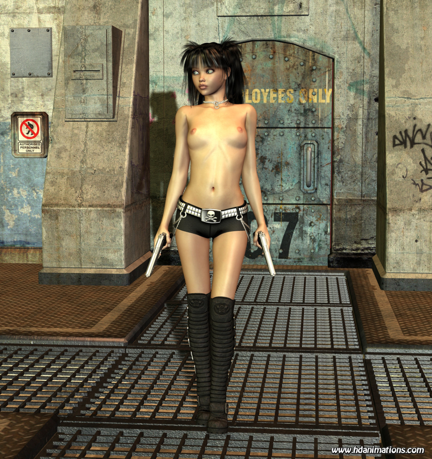 3d toon girl topless with guns
 #69347213