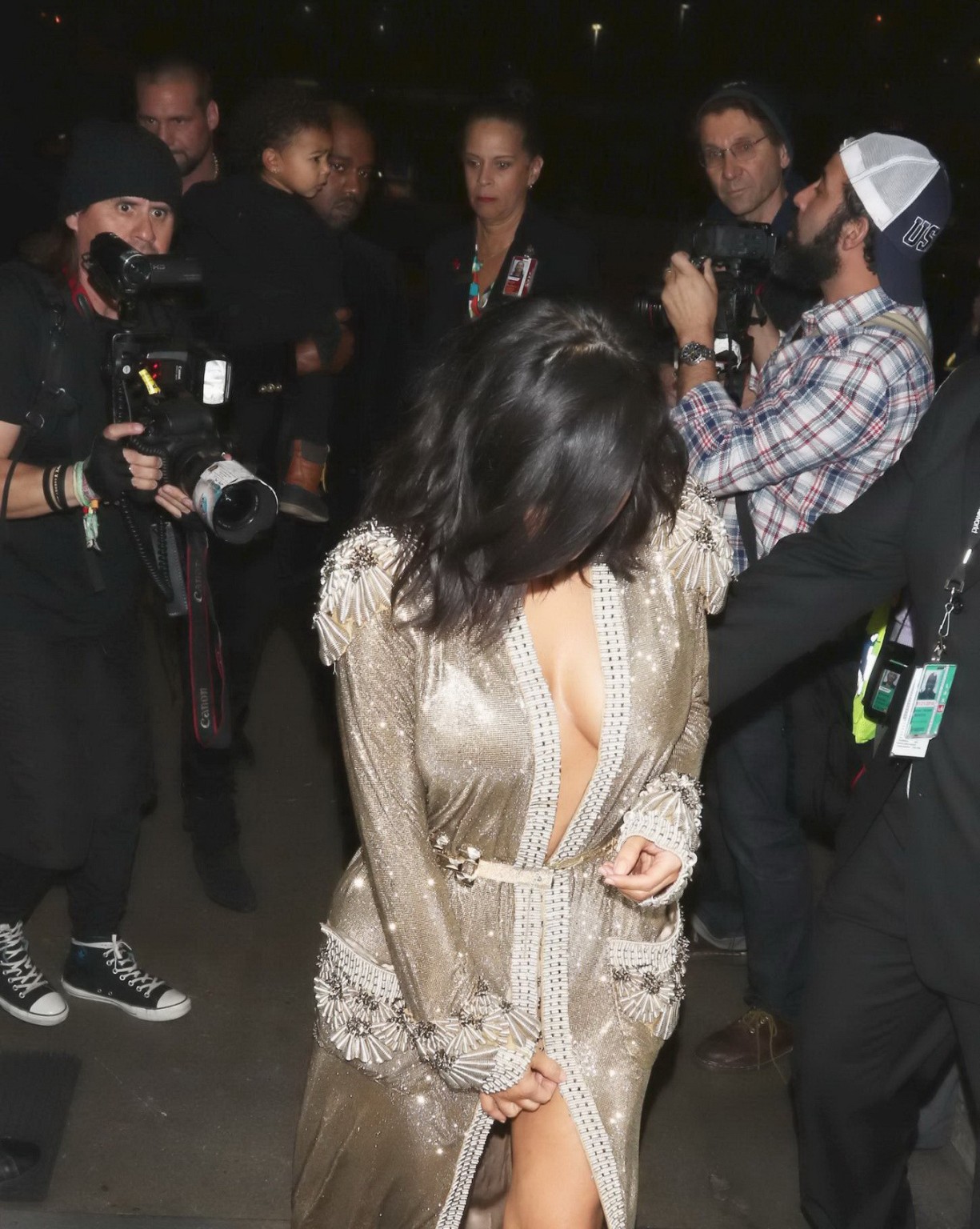 Kim Kardashian braless and pantyless in revealing golden smock arriving at 57th  #75173119
