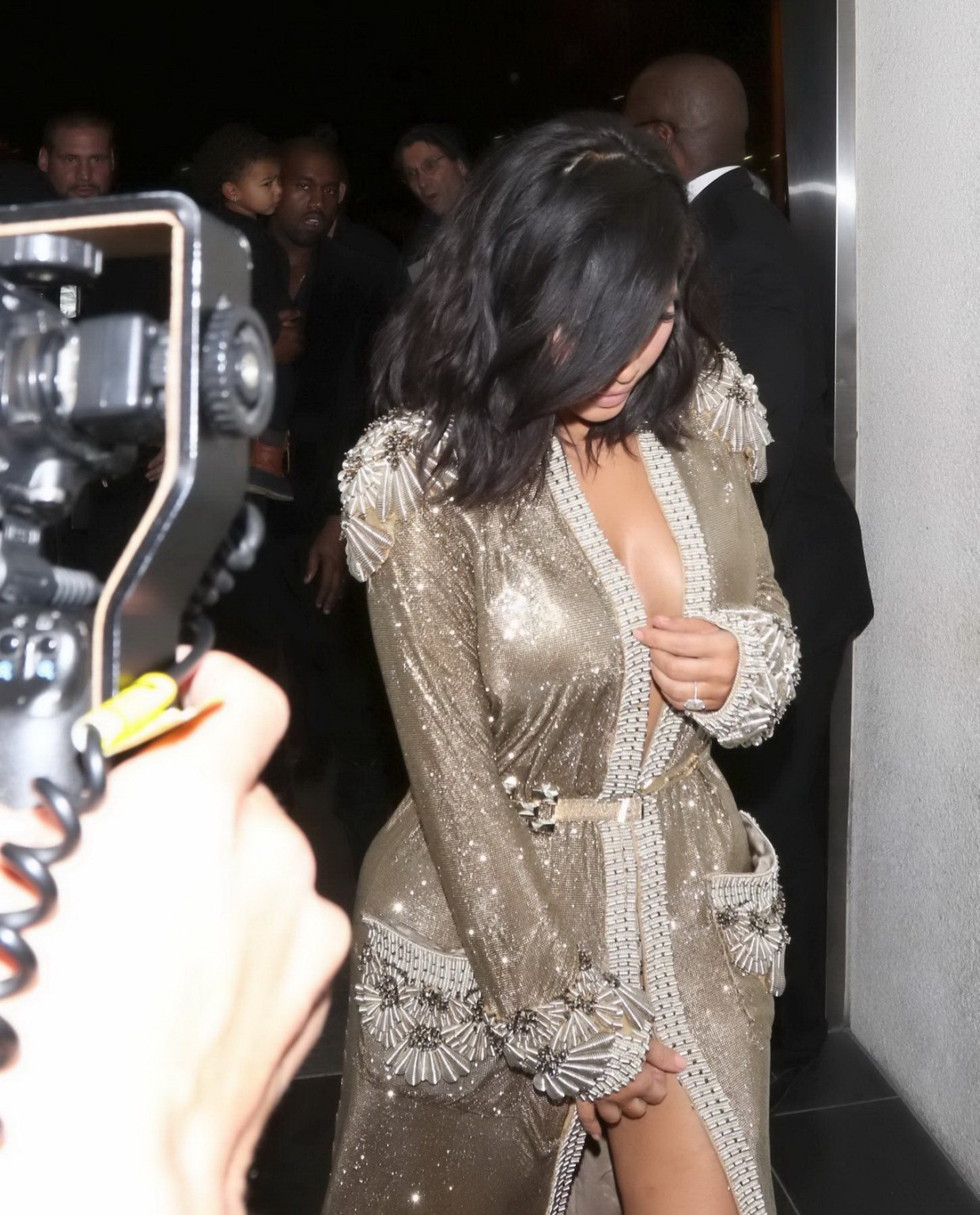 Kim Kardashian braless and pantyless in revealing golden smock arriving at 57th  #75173130