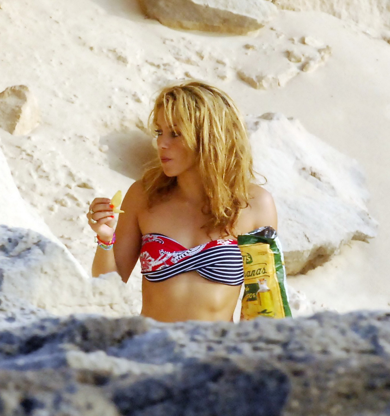 Shakira wearing navy striped bikini on a beach in Formentera #75255632