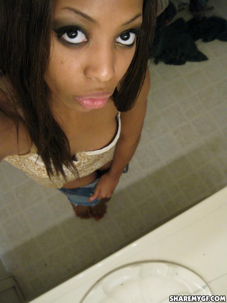 Sexy black girlfriend shows off her perky tits in selfshot mirror pics #60792718