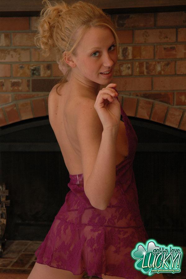 Blonde teen Lucky poses and teases in a lil purple lace dress #54570845