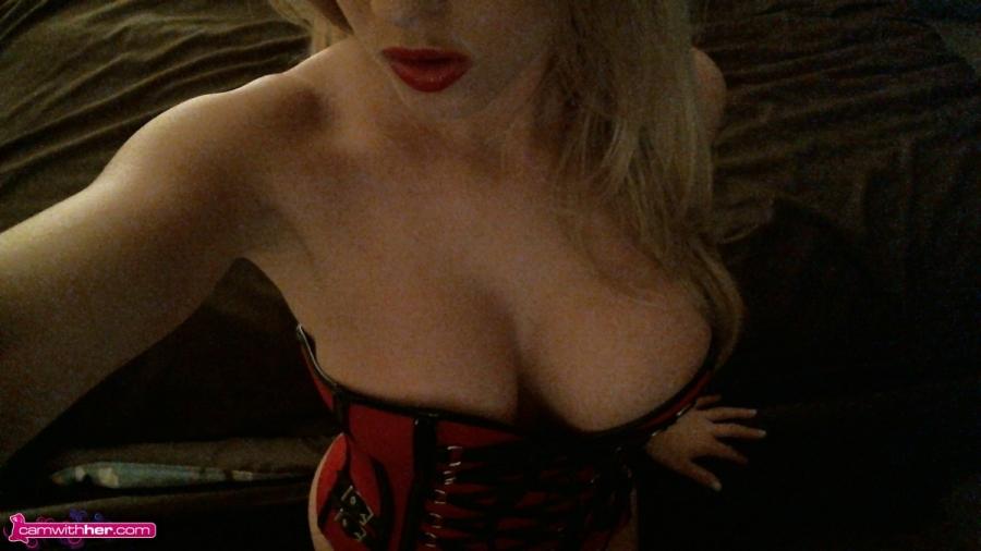 Blonde cam girl Natasha Adams teases in a sexy red corset #59695535
