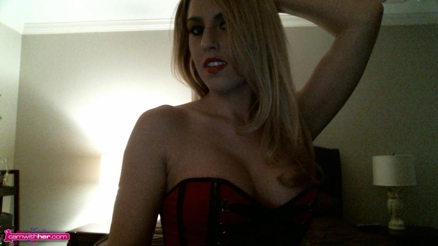 Blonde cam girl Natasha Adams teases in a sexy red corset #59695627