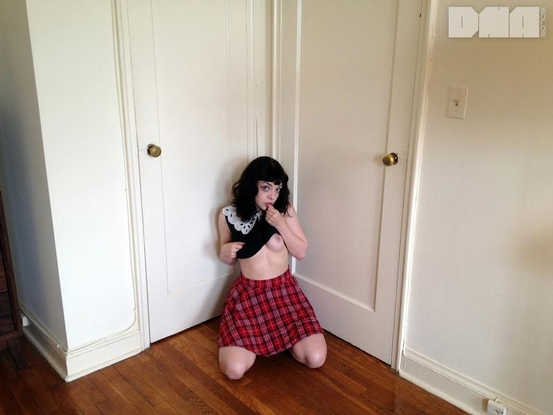 Pretty pinup girl Lilly Rose strips out of her plaid skirt at home #58955134