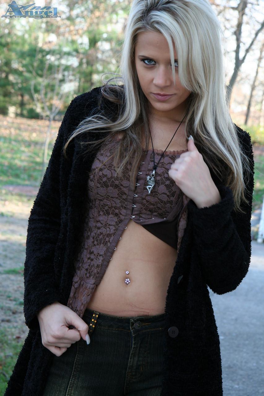 Blonde teen Ann Angel gets her nipples hard in the chilly fall air #53223888