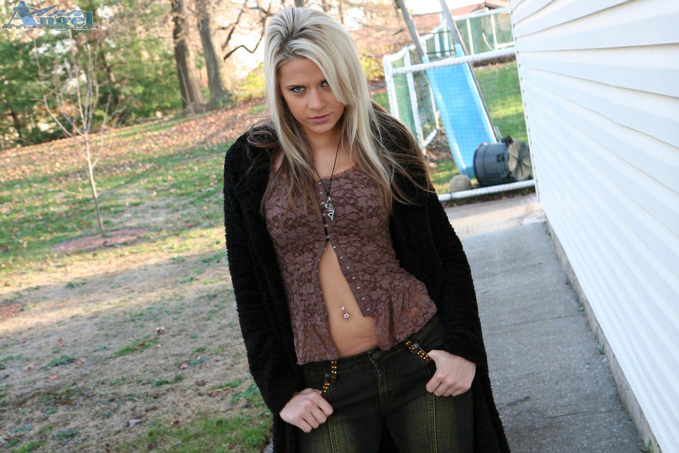 Blonde teen Ann Angel gets her nipples hard in the chilly fall air #53223997