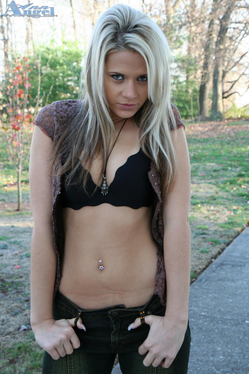 Blonde teen Ann Angel gets her nipples hard in the chilly fall air #53224232