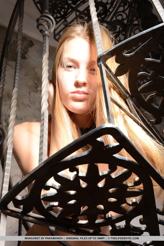 Gorgeous blonde model Margaret strips naked on an elegant staircase #60863330