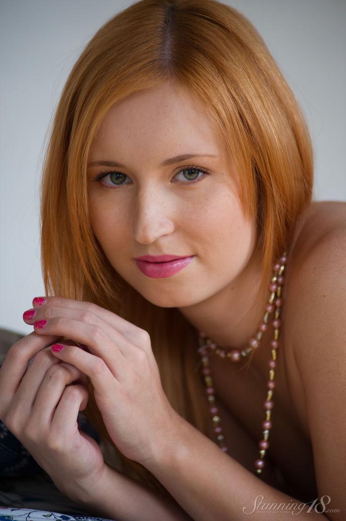 Redhead teen Nikky B strips out of her pink nightie in bed #59795459