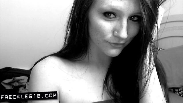 Brunette cutie Freckles 18 teases in a mesh dress in black and white #54412711