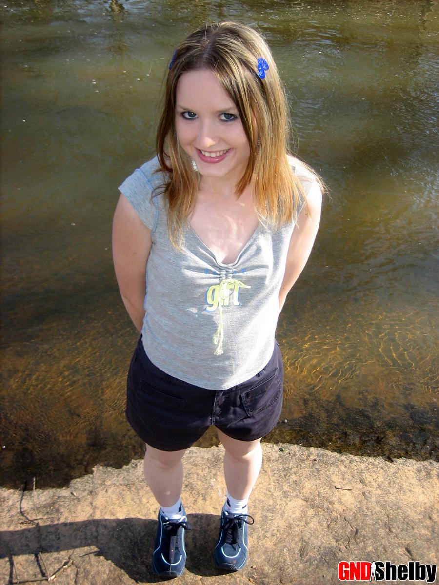 Cute teen Shelby flashes her perky tit while at the park down by the creek #58762057
