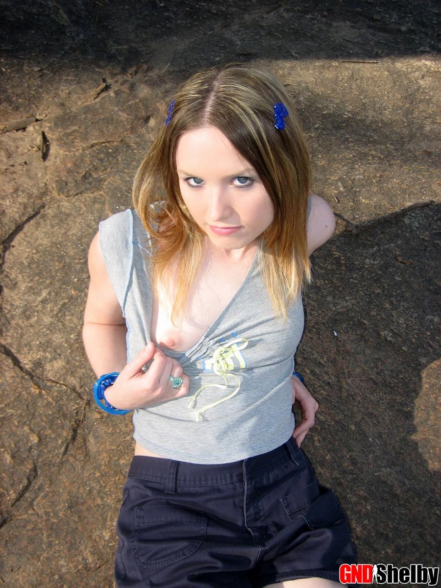 Cute teen Shelby flashes her perky tit while at the park down by the creek #58762076