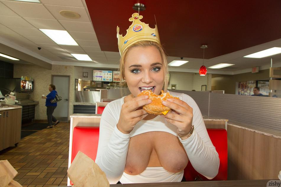 Busty blonde Gwen Stanberg flashes her big boobs at a Burger King #60939444