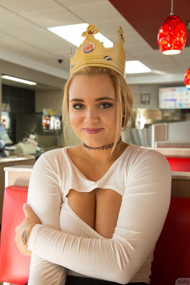 Busty blonde Gwen Stanberg flashes her big boobs at a Burger King #60939458