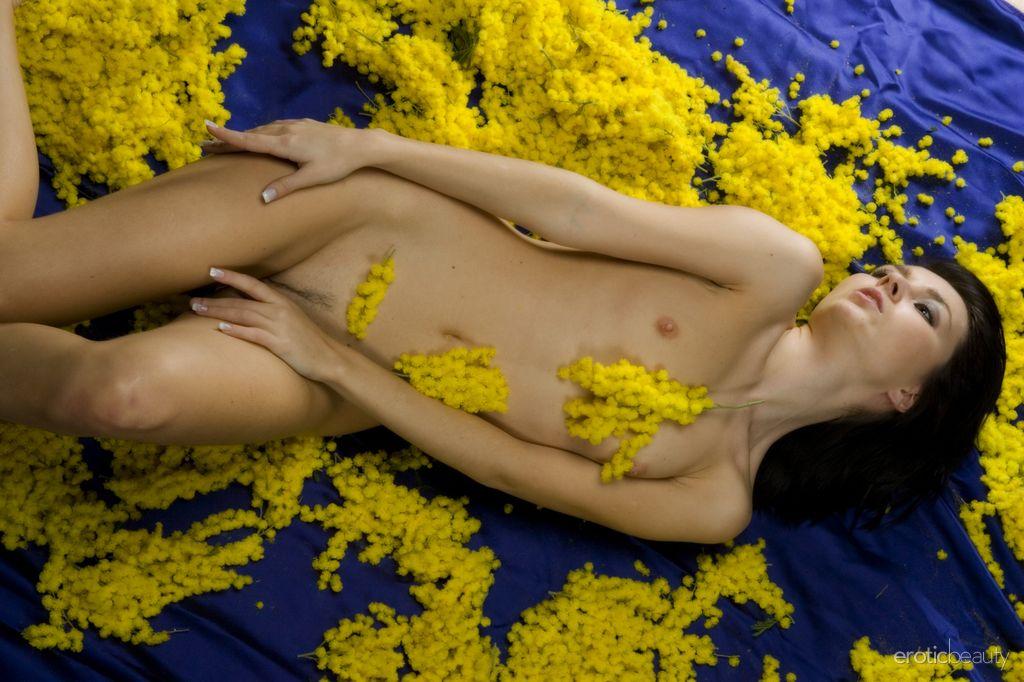 ブルネットのモデルNicolletが黄色の花のつぼみで裸になる
 #60363351