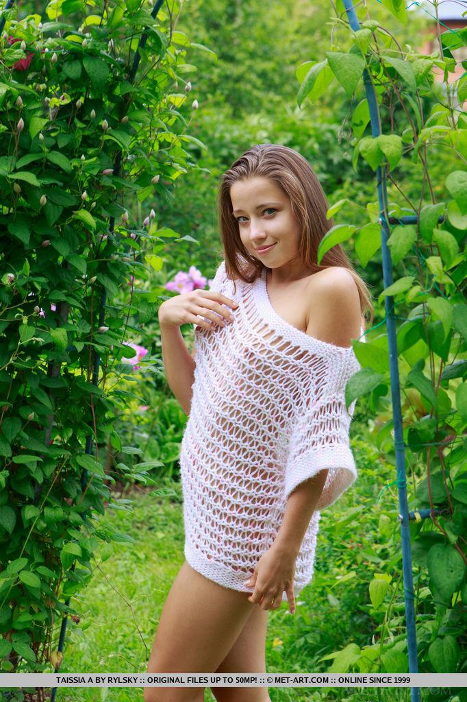 Beautiful teen girl Taissia A strips out of her white dress to reveal her pretty flower #54323683